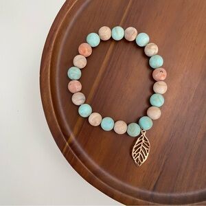 4/$15 Marble Stone Look Blue Pink Beaded Stretch Bracelet Gold Leaf Charm